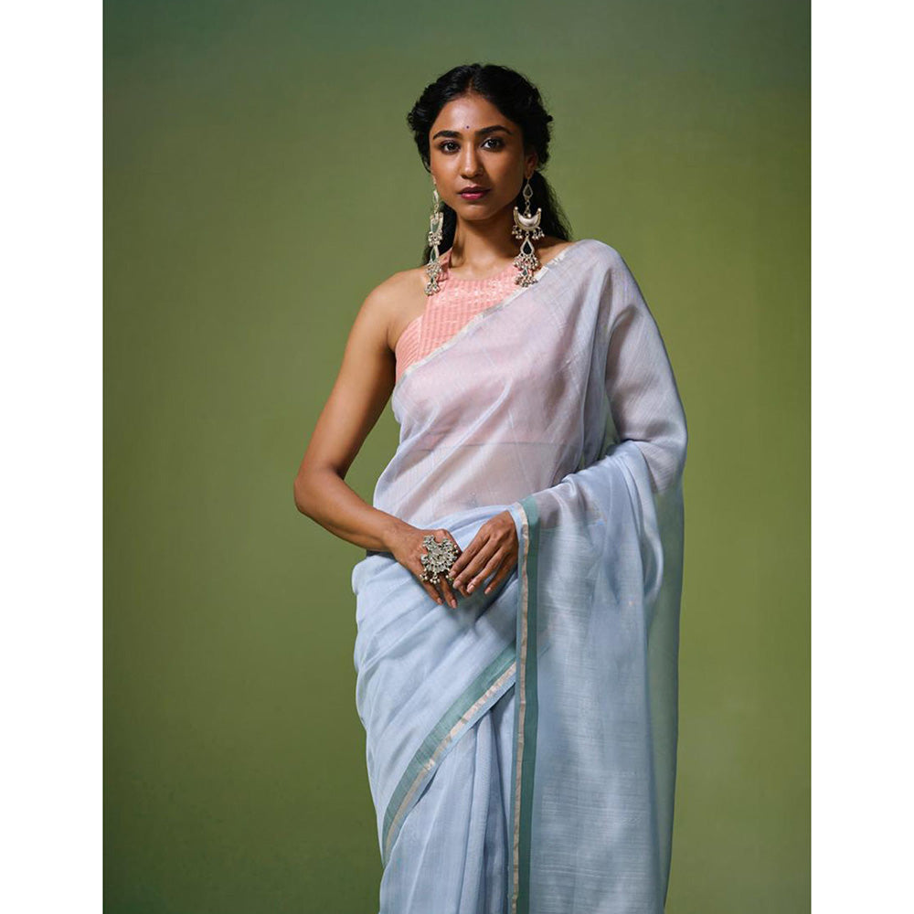 Dressfolk Handloom Chanderi Light Blue With Green Silk Stripe Saree with Unstitched Blouse