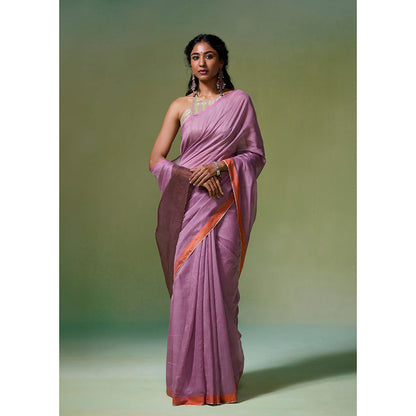 Dressfolk Handloom Chanderi Light Purple With Silver Zari Border Saree with Unstitched Blouse