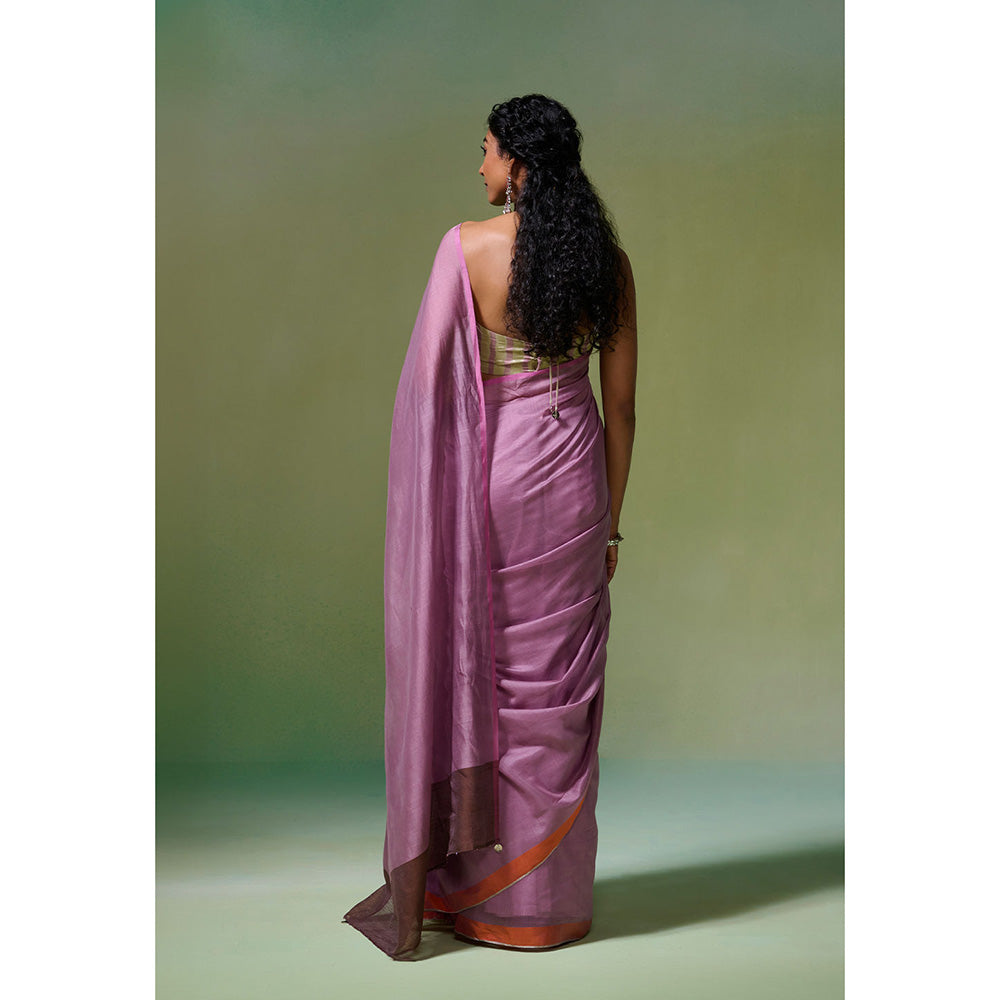 Dressfolk Handloom Chanderi Light Purple With Silver Zari Border Saree with Unstitched Blouse
