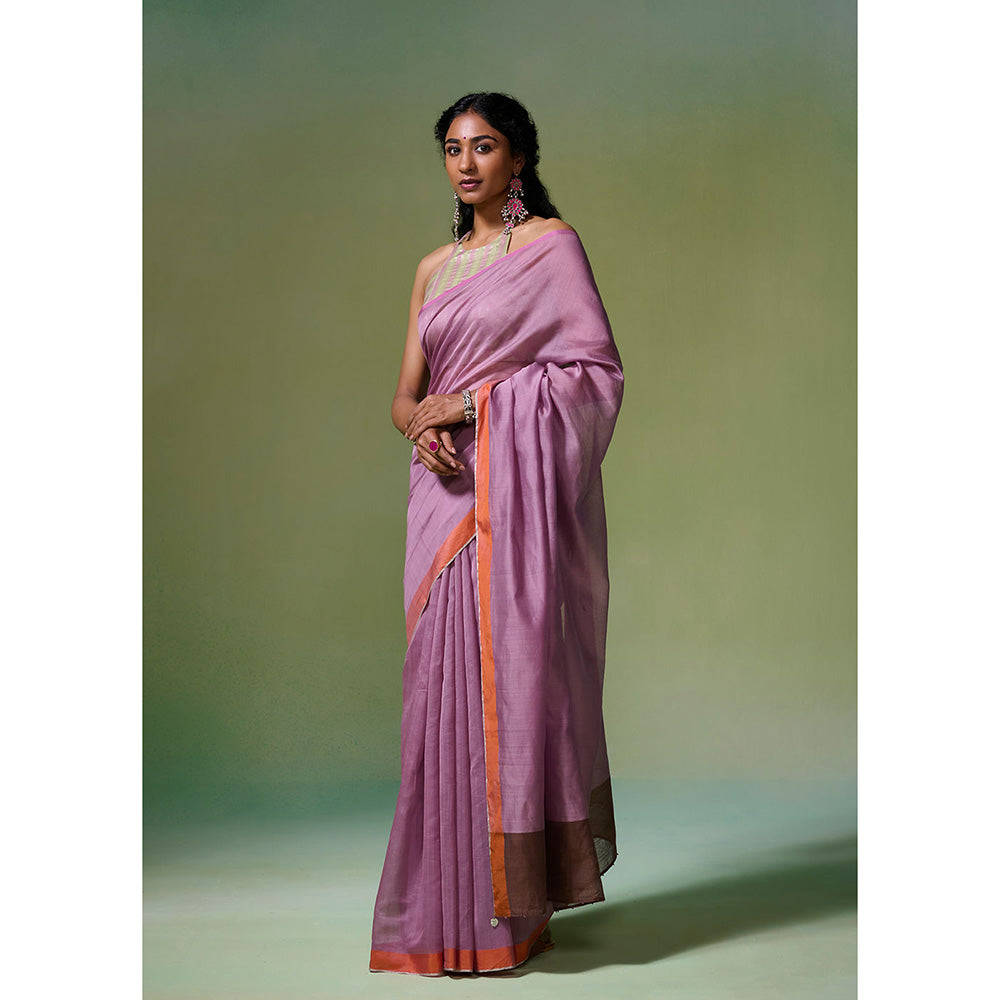 Dressfolk Handloom Chanderi Light Purple With Silver Zari Border Saree with Unstitched Blouse