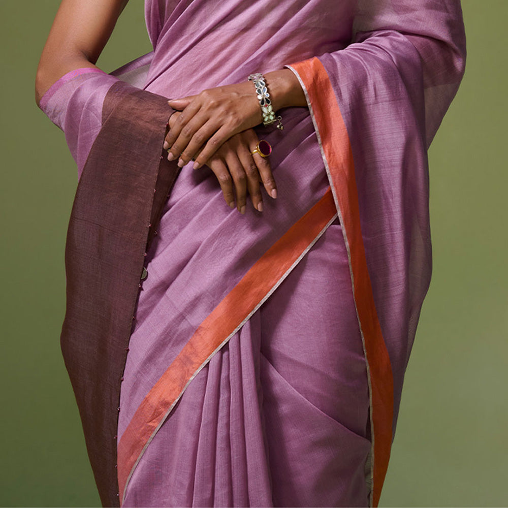 Dressfolk Handloom Chanderi Light Purple With Silver Zari Border Saree with Unstitched Blouse