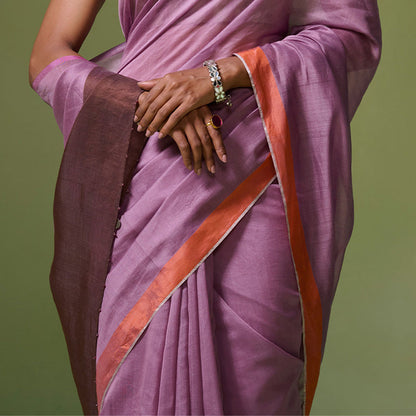 Dressfolk Handloom Chanderi Light Purple With Silver Zari Border Saree with Unstitched Blouse