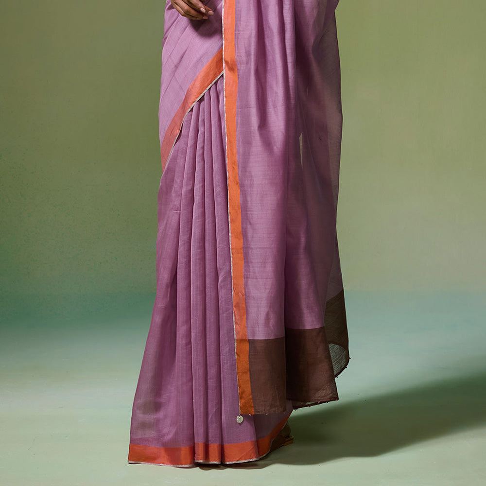 Dressfolk Handloom Chanderi Light Purple With Silver Zari Border Saree with Unstitched Blouse