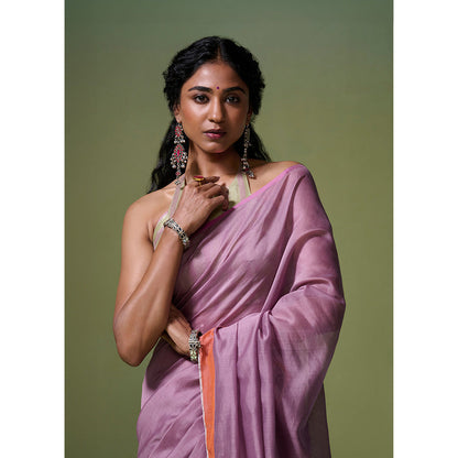 Dressfolk Handloom Chanderi Light Purple With Silver Zari Border Saree with Unstitched Blouse