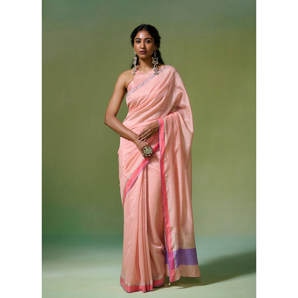 Dressfolk Handloom Chanderi Peach Base With Silver Zari Work Saree with Unstitched Blouse