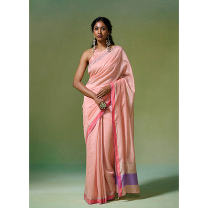 Dressfolk Handloom Chanderi Peach Base With Silver Zari Work Saree with Unstitched Blouse