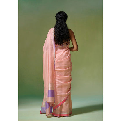 Dressfolk Handloom Chanderi Peach Base With Silver Zari Work Saree with Unstitched Blouse