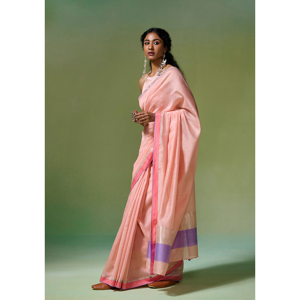 Dressfolk Handloom Chanderi Peach Base With Silver Zari Work Saree with Unstitched Blouse