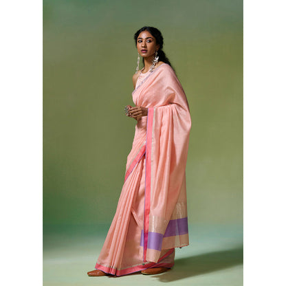 Dressfolk Handloom Chanderi Peach Base With Silver Zari Work Saree with Unstitched Blouse