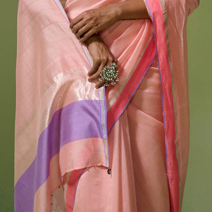 Dressfolk Handloom Chanderi Peach Base With Silver Zari Work Saree with Unstitched Blouse