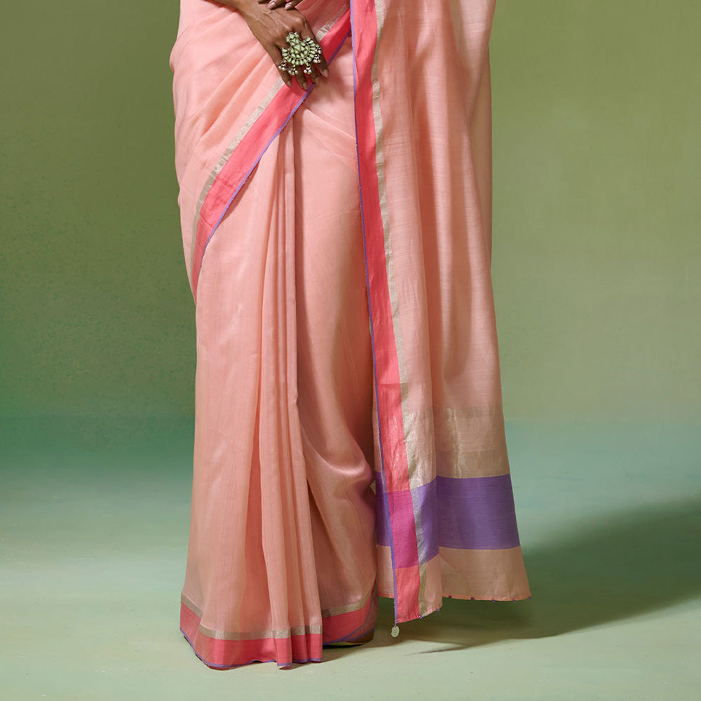 Dressfolk Handloom Chanderi Peach Base With Silver Zari Work Saree with Unstitched Blouse