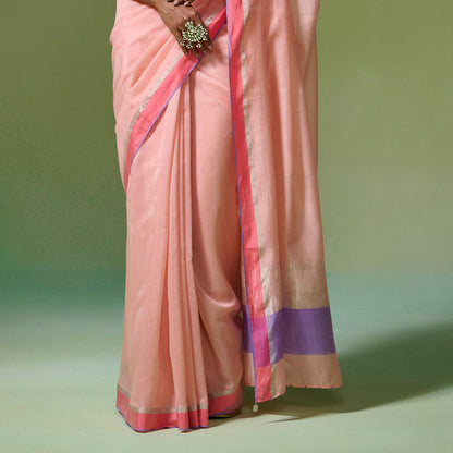 Dressfolk Handloom Chanderi Peach Base With Silver Zari Work Saree with Unstitched Blouse