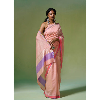 Dressfolk Handloom Chanderi Peach Base With Silver Zari Work Saree with Unstitched Blouse