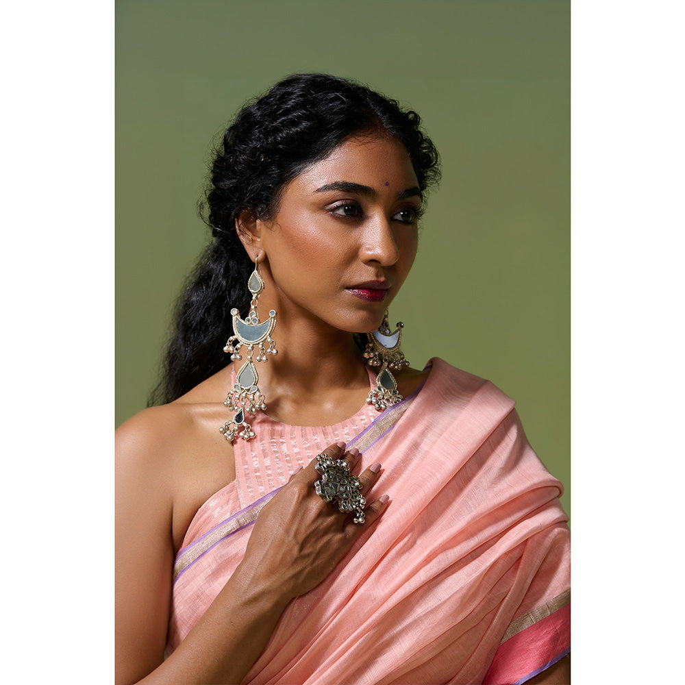 Dressfolk Handloom Chanderi Peach Base With Silver Zari Work Saree with Unstitched Blouse