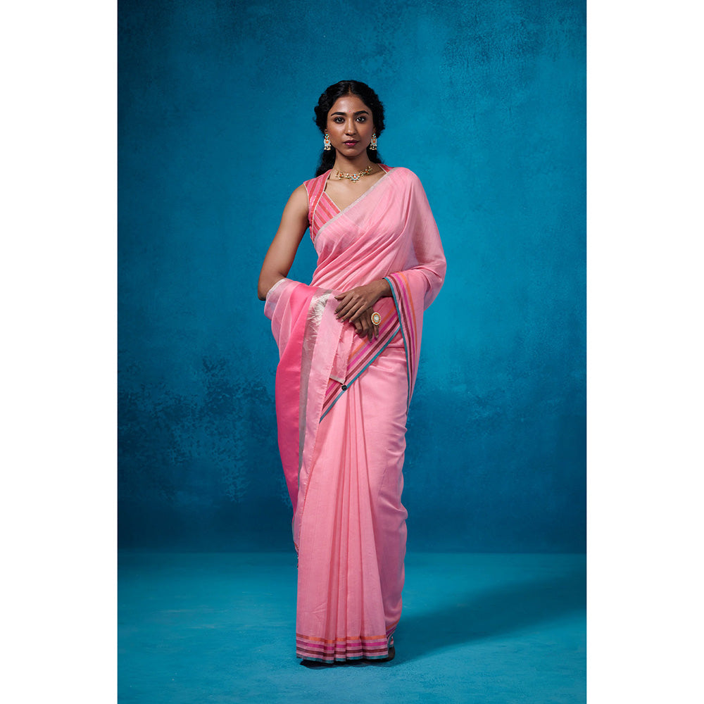 Dressfolk Handloom Chanderi Light Pink Silk Stripe Saree with Unstitched Blouse