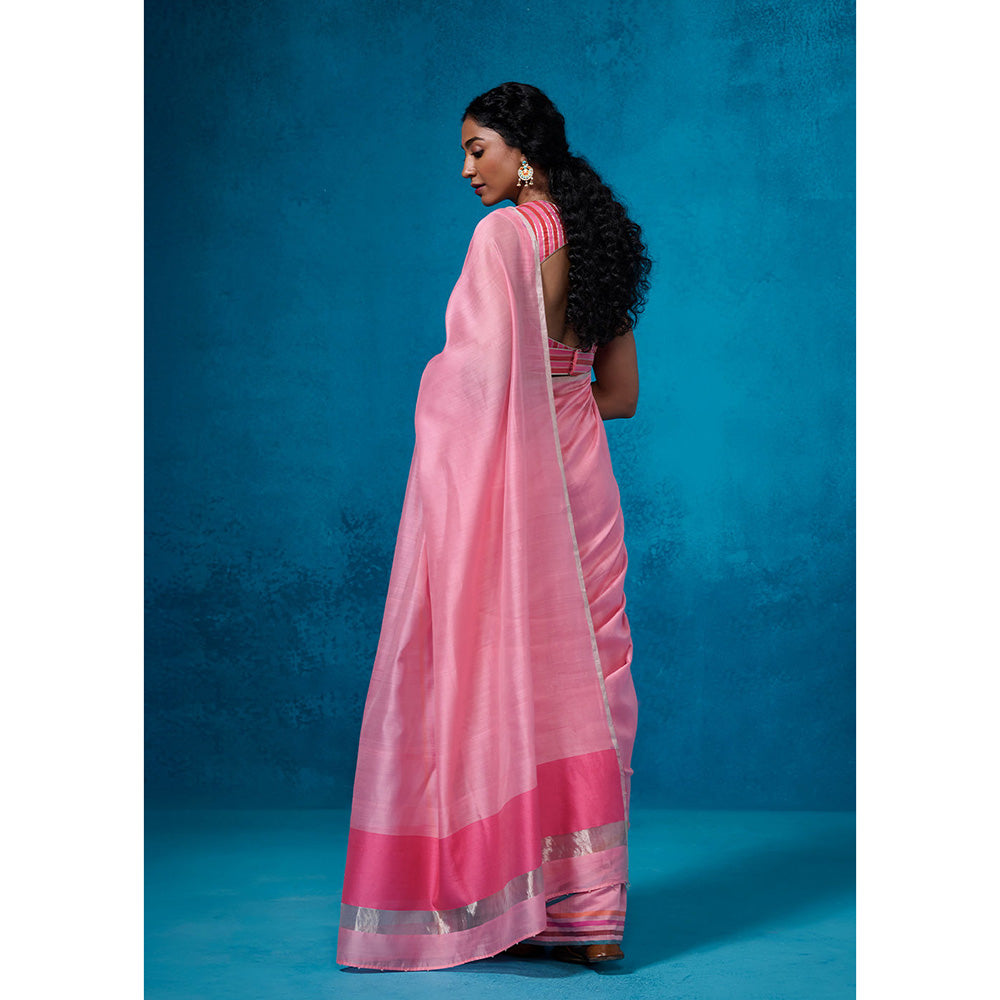 Dressfolk Handloom Chanderi Light Pink Silk Stripe Saree with Unstitched Blouse