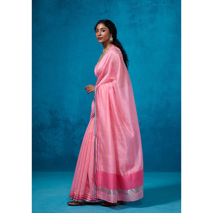 Dressfolk Handloom Chanderi Light Pink Silk Stripe Saree with Unstitched Blouse