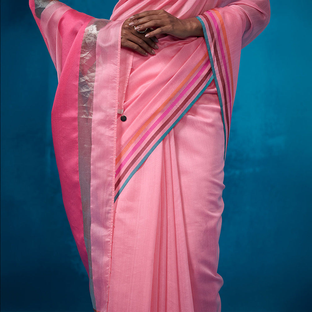 Dressfolk Handloom Chanderi Light Pink Silk Stripe Saree with Unstitched Blouse