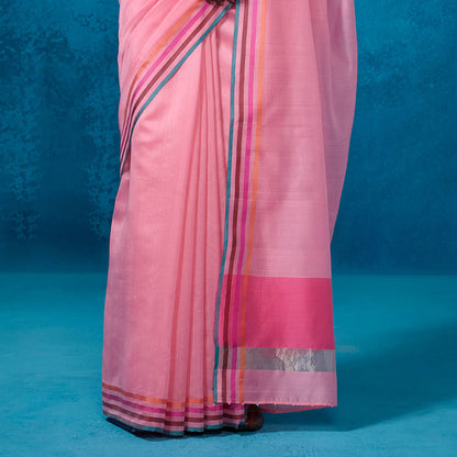 Dressfolk Handloom Chanderi Light Pink Silk Stripe Saree with Unstitched Blouse