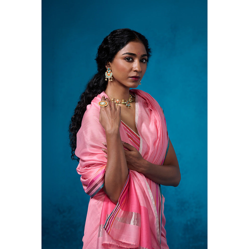 Dressfolk Handloom Chanderi Light Pink Silk Stripe Saree with Unstitched Blouse