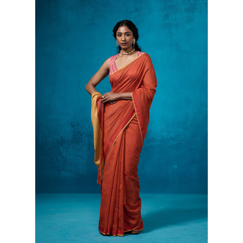 Dressfolk Handloom Chanderi Rust Orange With Gold Zari Saree with Unstitched Blouse