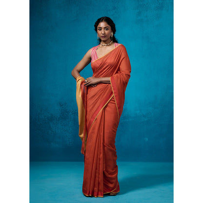 Dressfolk Handloom Chanderi Rust Orange With Gold Zari Saree with Unstitched Blouse