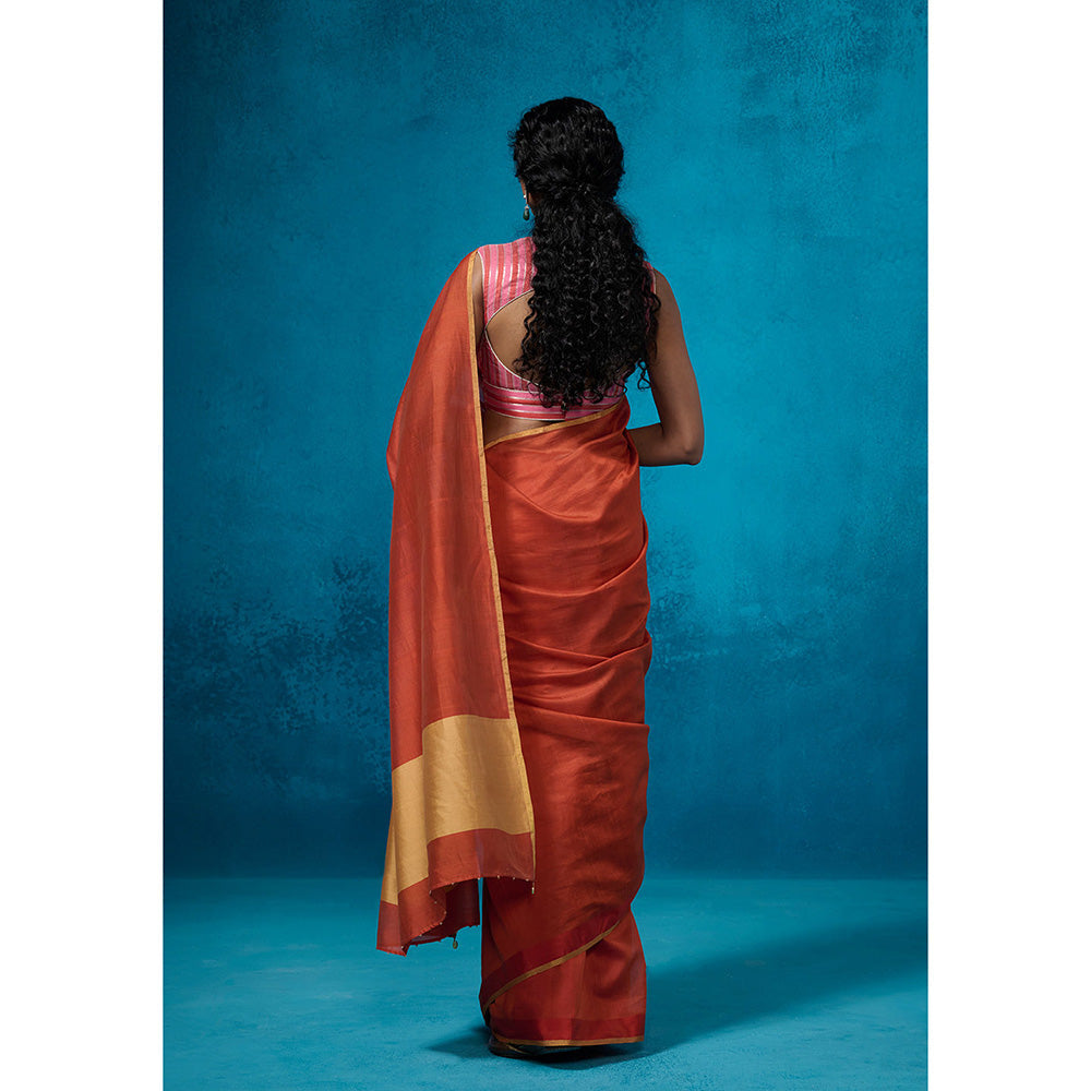 Dressfolk Handloom Chanderi Rust Orange With Gold Zari Saree with Unstitched Blouse