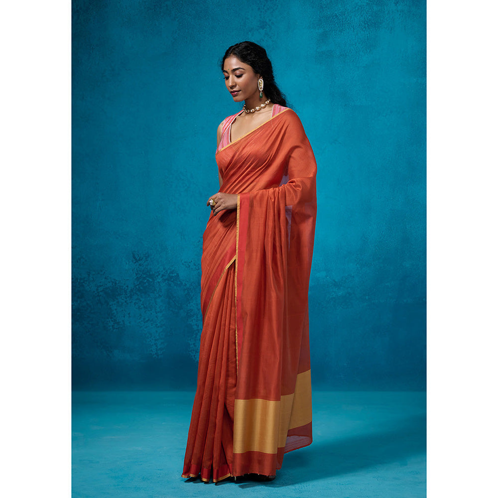 Dressfolk Handloom Chanderi Rust Orange With Gold Zari Saree with Unstitched Blouse