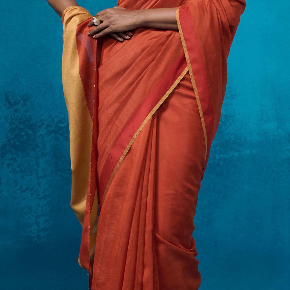 Dressfolk Handloom Chanderi Rust Orange With Gold Zari Saree with Unstitched Blouse