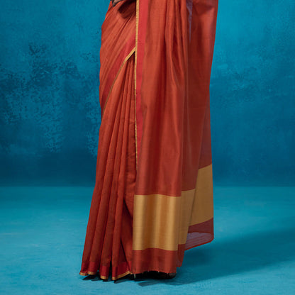 Dressfolk Handloom Chanderi Rust Orange With Gold Zari Saree with Unstitched Blouse