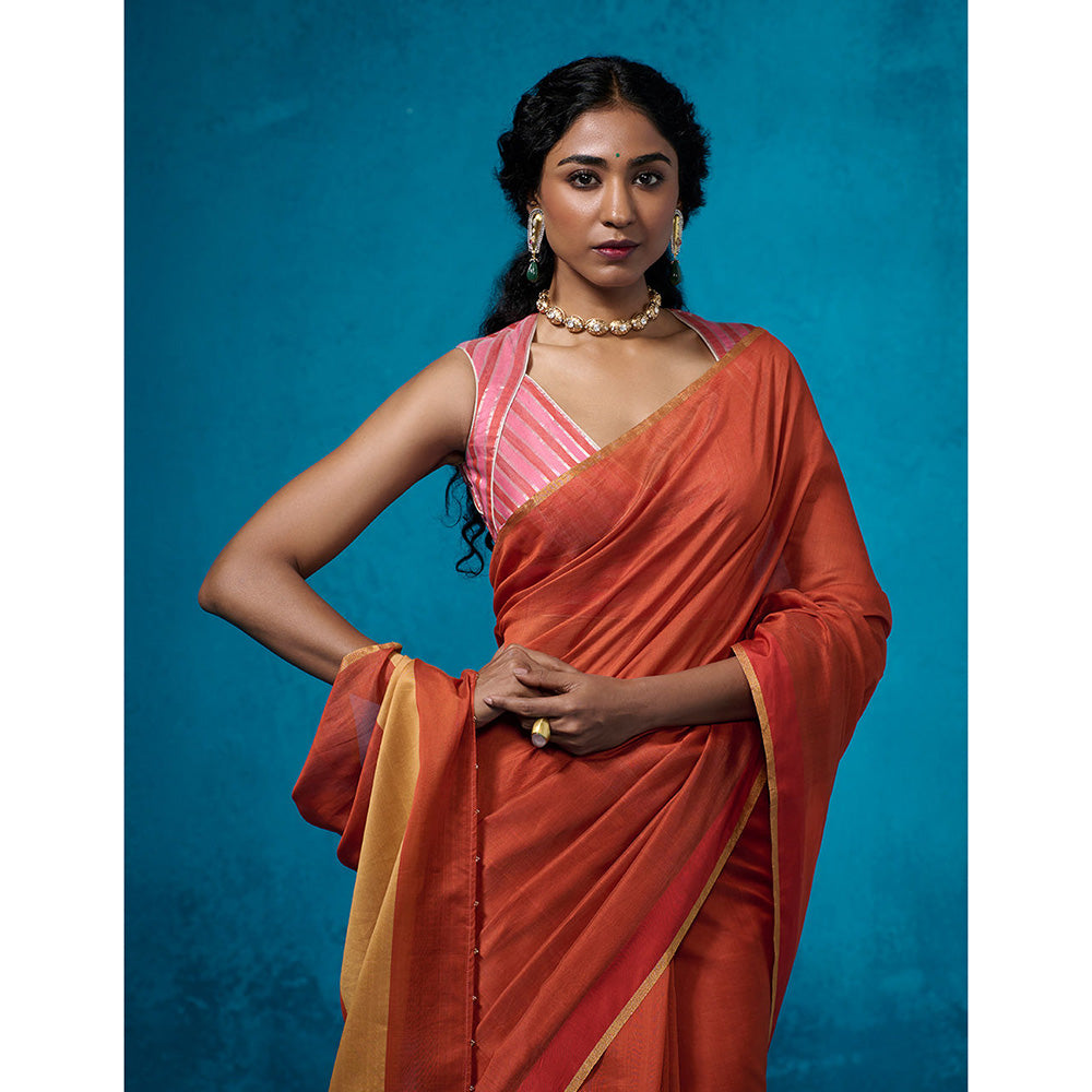 Dressfolk Handloom Chanderi Rust Orange With Gold Zari Saree with Unstitched Blouse