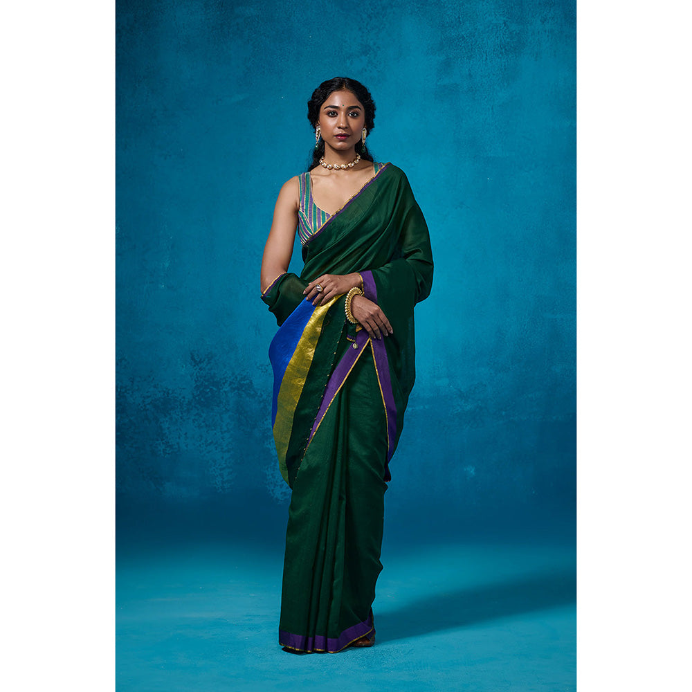 Dressfolk Handloom Chanderi Dark Green With Gold Zari Work Saree with Unstitched Blouse