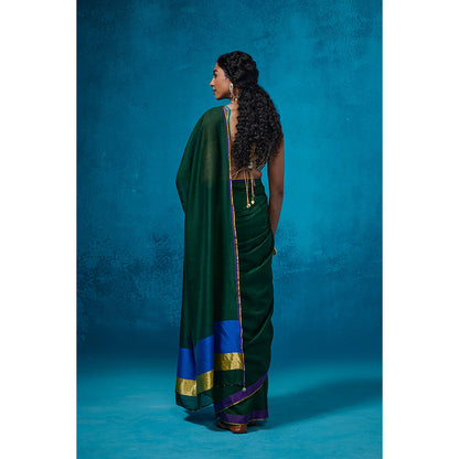 Dressfolk Handloom Chanderi Dark Green With Gold Zari Work Saree with Unstitched Blouse