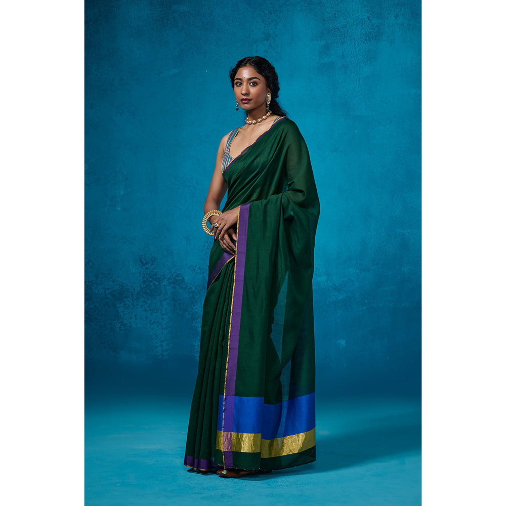 Dressfolk Handloom Chanderi Dark Green With Gold Zari Work Saree with Unstitched Blouse
