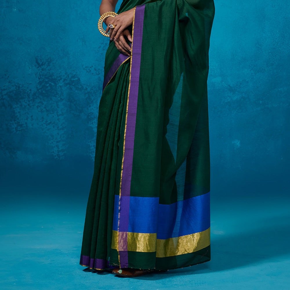 Dressfolk Handloom Chanderi Dark Green With Gold Zari Work Saree with Unstitched Blouse