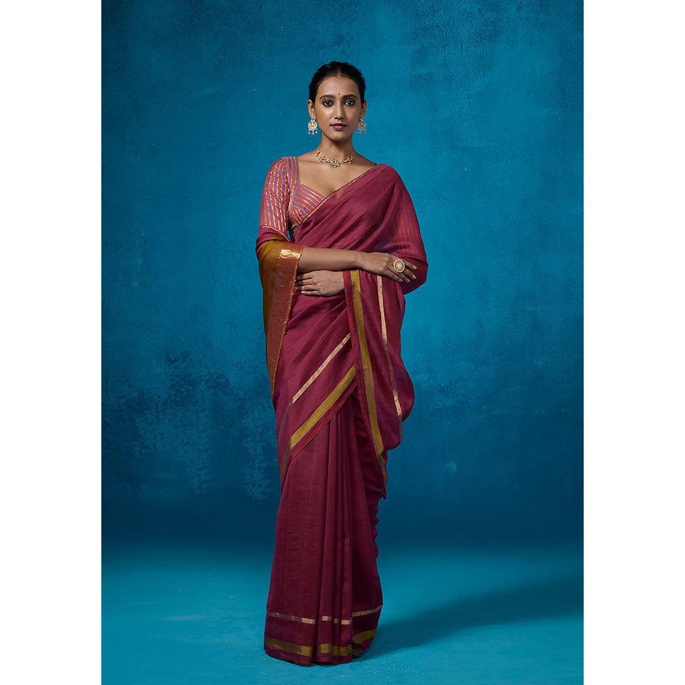 Dressfolk Handloom Chanderi Magenta With Green Satin Border Saree with Unstitched Blouse