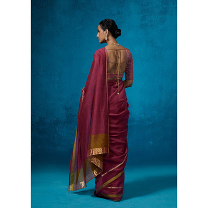 Dressfolk Handloom Chanderi Magenta With Green Satin Border Saree with Unstitched Blouse