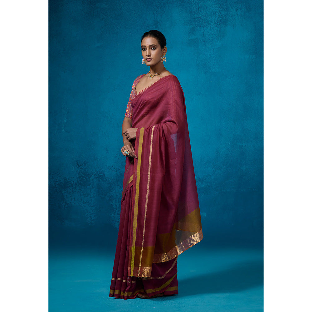 Dressfolk Handloom Chanderi Magenta With Green Satin Border Saree with Unstitched Blouse
