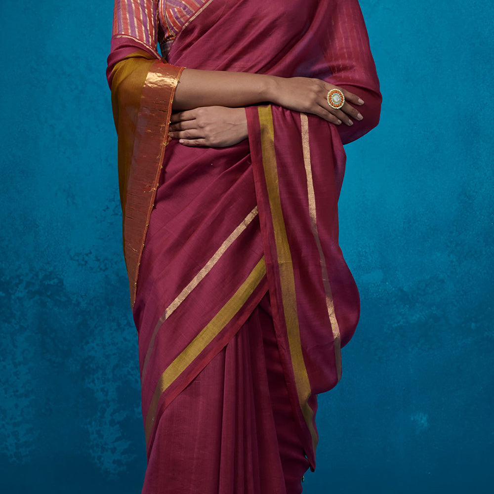 Dressfolk Handloom Chanderi Magenta With Green Satin Border Saree with Unstitched Blouse