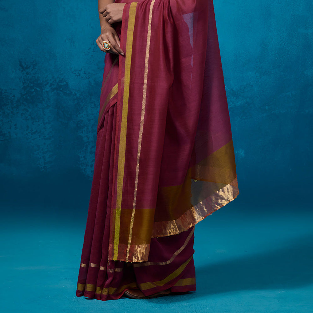 Dressfolk Handloom Chanderi Magenta With Green Satin Border Saree with Unstitched Blouse