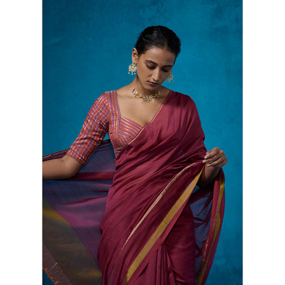 Dressfolk Handloom Chanderi Magenta With Green Satin Border Saree with Unstitched Blouse