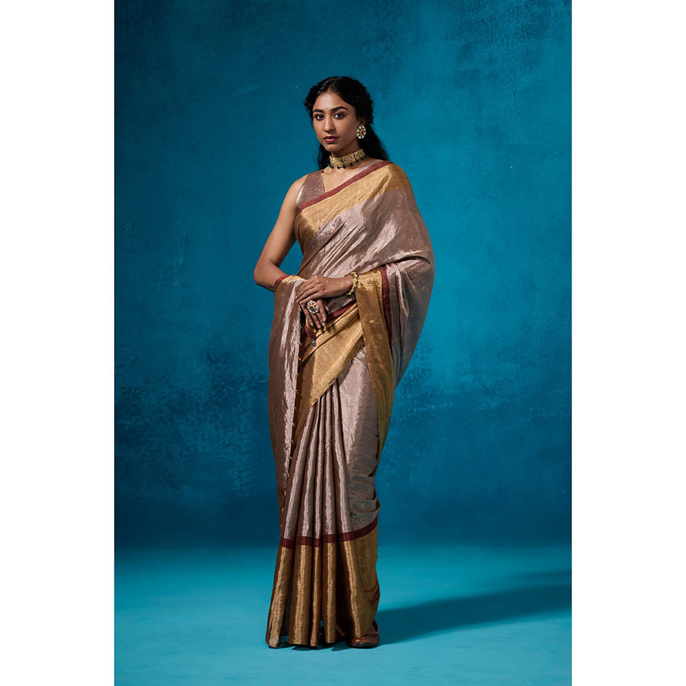 Dressfolk Handwoven Tissue Maroon Zari Border Saree With Matching Unstitched Blouse