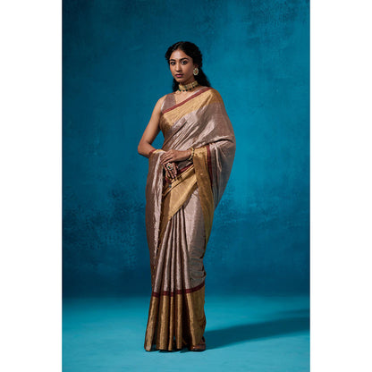 Dressfolk Handwoven Tissue Maroon Zari Border Saree With Matching Unstitched Blouse