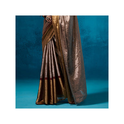 Dressfolk Handwoven Tissue Maroon Zari Border Saree With Matching Unstitched Blouse