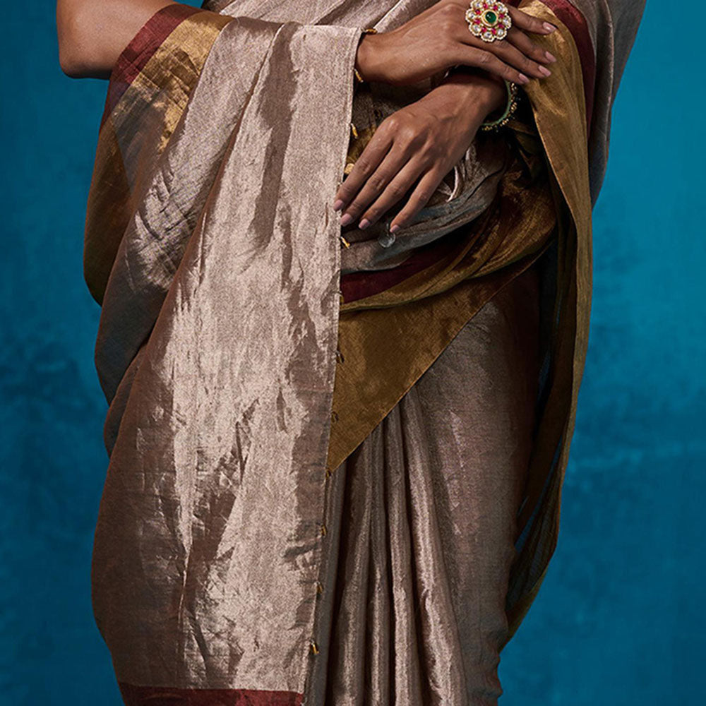 Dressfolk Handwoven Tissue Maroon Zari Border Saree With Matching Unstitched Blouse