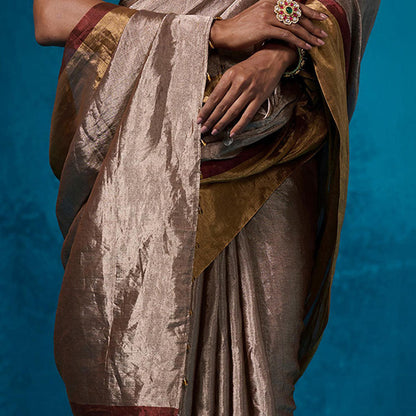 Dressfolk Handwoven Tissue Maroon Zari Border Saree With Matching Unstitched Blouse