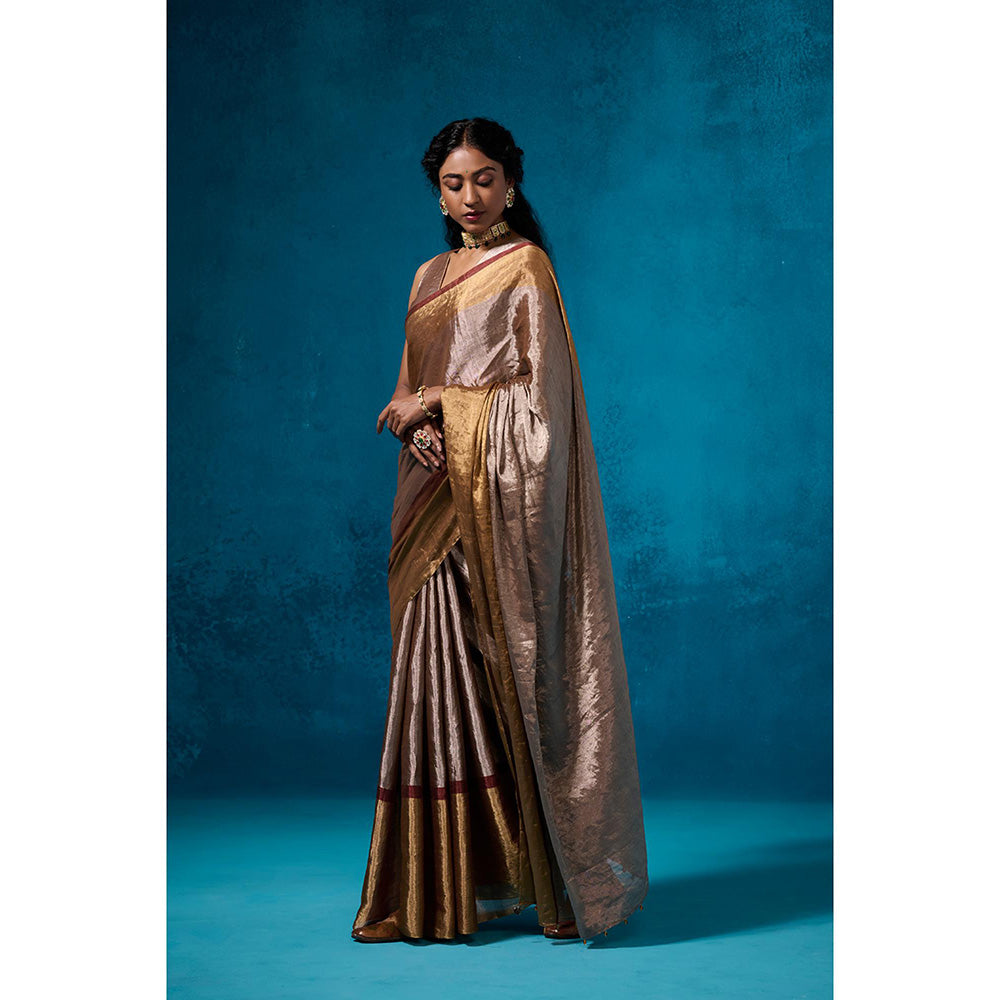 Dressfolk Handwoven Tissue Maroon Zari Border Saree With Matching Unstitched Blouse