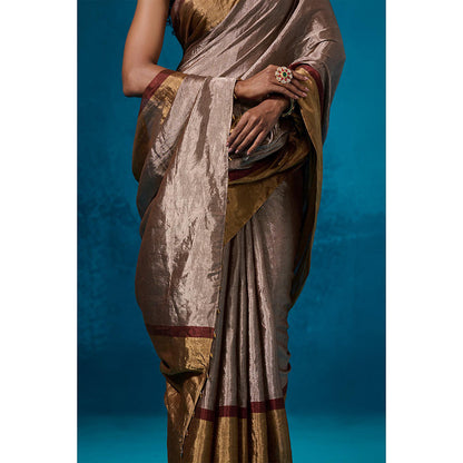 Dressfolk Handwoven Tissue Maroon Zari Border Saree With Matching Unstitched Blouse