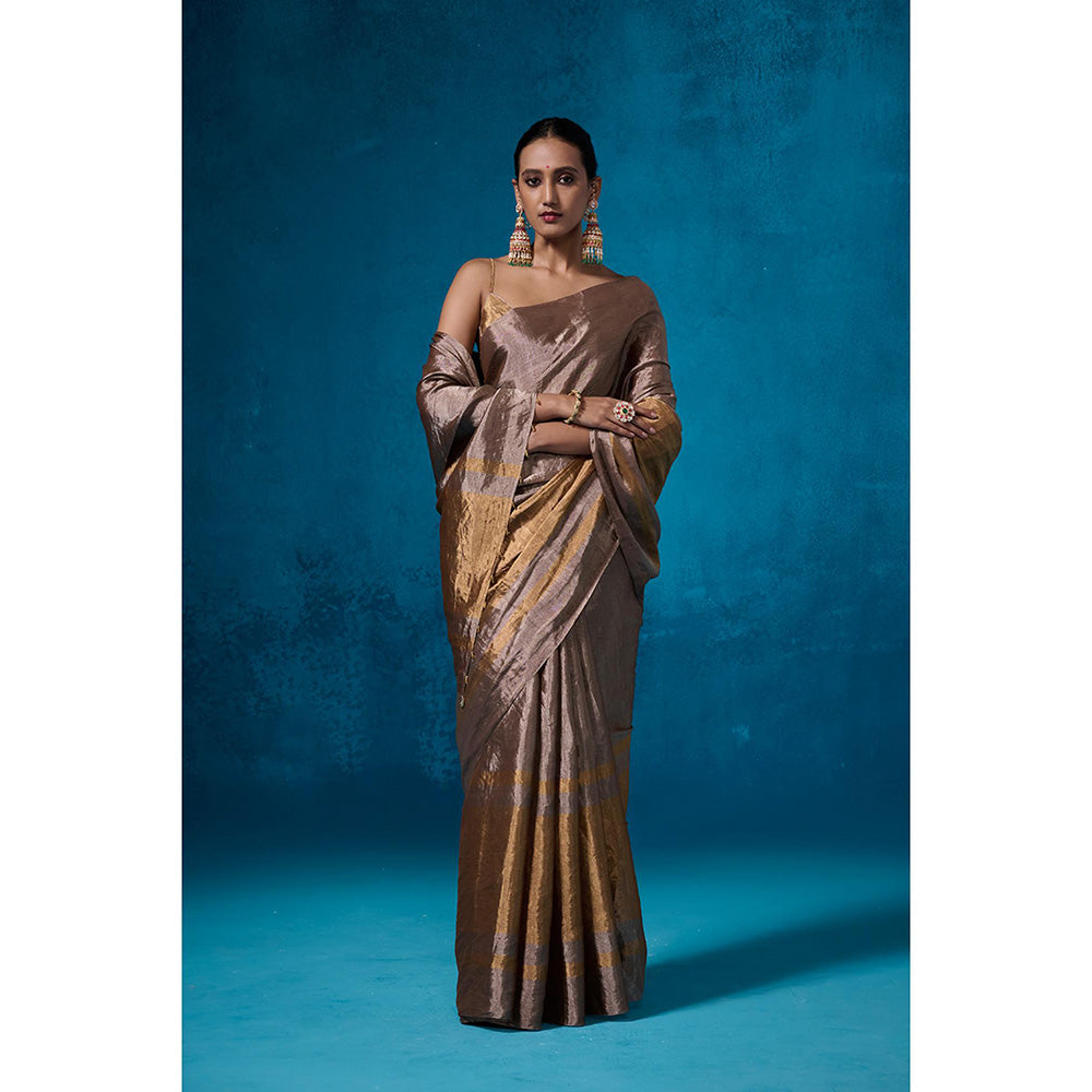 Dressfolk Handwoven Tissue Gold Silver Glass Beads Border Saree With Matching Unstitched Blouse
