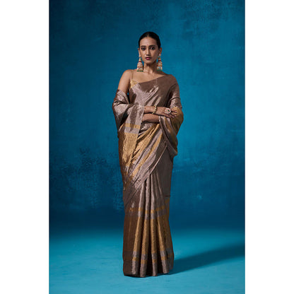 Dressfolk Handwoven Tissue Gold Silver Glass Beads Border Saree With Matching Unstitched Blouse